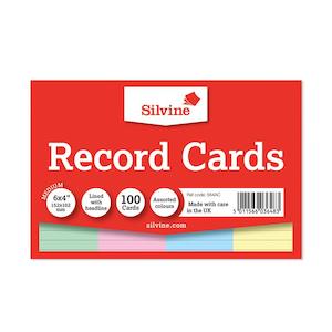 Silvine 6x4" Ruled Record Cards Assorted Colours 100 Pack