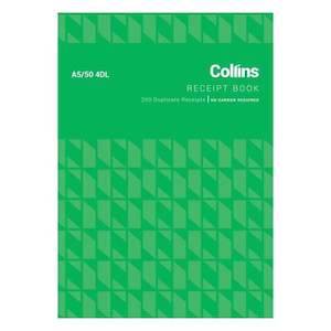 Collins Cash Receipt A5/50 4dl Duplicate No Carbon Required