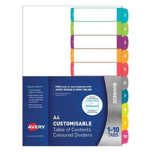 Dividers: Avery Customisable Table Of Contents A4 1-10 Tabs Coloured