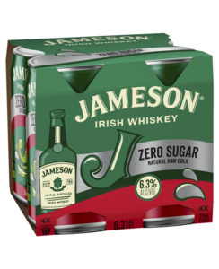 Premixed : Wa: Jameson Zero Sugar & Natural Raw Cola 6.3% 4pk cans - Premixed-Whisky : Waipu Liquor Centre - Jameson 6.3 4pk cans