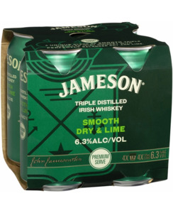 Premixed : Wa: Jameson Dry & Lime 375ml 6.3% 4pk cans - Premixed-Other : Waipu Liquor Centre - Jameson 6.3 4pk cans