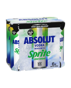 Premixed : Wa: Absolut & Sprite Zero Sugar 250ml 6pk cans - Premixed-Vodka : Waipu Liquor Centre - Absolut & Sprite 6pk