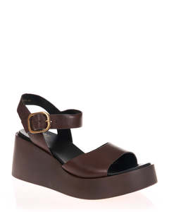 Sandals: EOS Ariya Chestnut Leather Platform Wedge Sandal