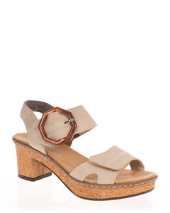 Mid Heels: Rieker 63850-60 Beige Leather Comfort Heel Sandal