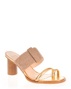 Mid Heels: Faccine 10071 Gold & Natural Leather/Textile Heel Slide