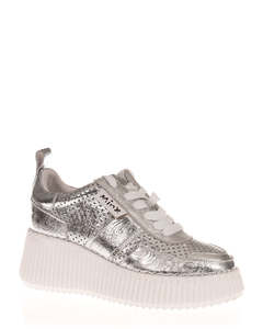 Low Back Sneakers: Minx Racer Boost Leather Silver Floral Emboss Sneaker