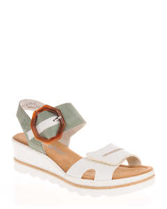 Low Wedges: Rieker 67476-81 White & Khaki Leather Sandal