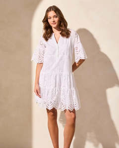 Tribal Jeans Mixed Pattern Eyelet Dress White