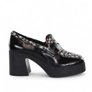 Footwear: Minx Kendra Black oil Multi Flower Leather Shoe