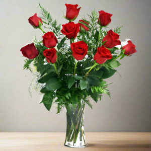 One Dozen Red Roses Vase