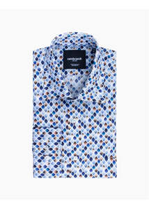 Rembrandt - Sinatra Shirt - White Blue & Beige Geo