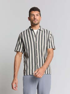 No Excess: No Excess - Knitted Jersey Short Sleeved Shirt - Off White Stripe