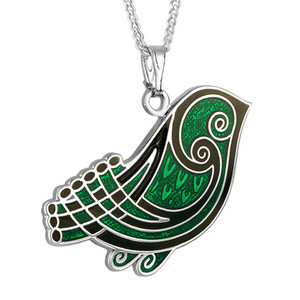 Book of Kells Bird Pendant Rhodium & Green Enamel