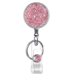 Metal Retractable Nurse Badge Reel - Pink Glitter