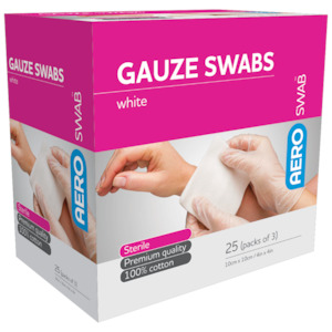 AEROSWAB Non Sterile White Gauze Swab 10 x 10cm Box/25 (Packs of 3)