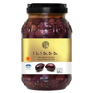 Olives: Kalamata Whole Jumbo Olives PDO 'Iliada' CLEAR PET drum 3kg (1.8kg drained)