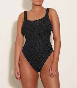 Swimwear: Square Neck Lurex Swim Black Gold