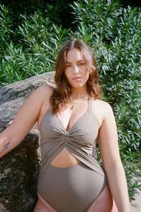 Else: Olivia Rouched One Piece Cut Out Suit Khaki