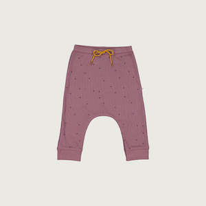 Organic cotton merino baby slouch trackie plum with dot print