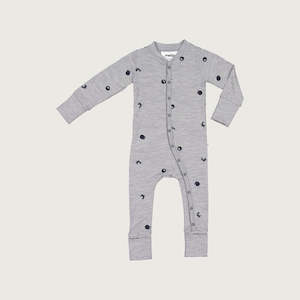 Merino baby sleepsuit grey marl with print merino onesie