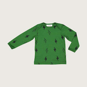 Products: Merino baby long sleeve top moss green with thunderbolt print