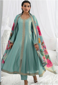 Products: Memsaab Turquoise Blue Embroidered Anarkali Set - Memsaab