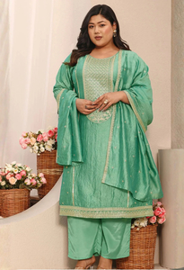 Products: Memsaab Sea Green Embroidered Kurta Set - Memsaab