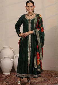 Memsaab Green Gold Embroidered Anarkali Set - Memsaab