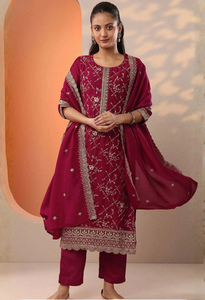 Products: Memsaab Red Silver Embroidered Kurta Set - Memsaab