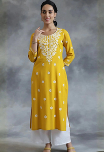 Memsaab Yellow Thread Work Embroidered Kurta - Memsaab
