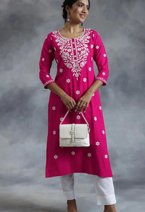 Memsaab Pink Thread Work Embroidered Kurta - Memsaab