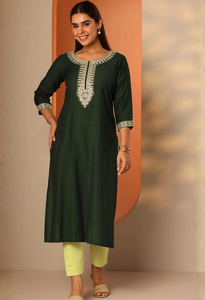 Products: Memsaab Green Thread Work Pure Silk Kurta - Memsaab