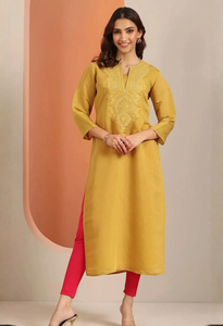 Memsaab Mustard Fusion Silk Embroidered Kurta - Memsaab