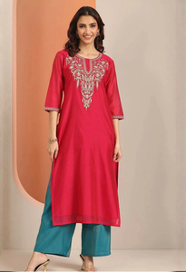 Products: Memsaab Pink Silk Thread Work Kurta - Memsaab