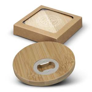 Bottle Openers: Bamboo Bottle Opener Coaster Set of 2 - Round