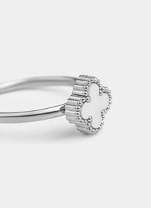 Rings Category: White 4 Leaf Clover Adjustable Ring -  Stainless Steel