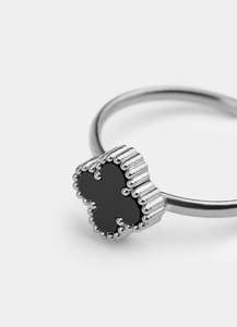 Rings Category: Black 4 Leaf Clover Adjustable Ring -  Stainless Steel