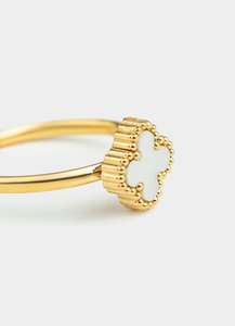 Rings Category: Four Leaf Clover White Adjustable Ring - 18K Gold Plated