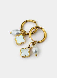 Earrings: Four Leaf Hoop and Pearl Earrings - 18K Gold Plated