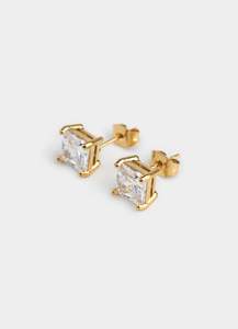 Mens Earrings And Studs: Square Solitaire Studs - 18K Gold Plated