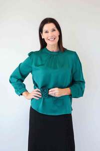 Blouse Shirt: Larosela Satin Shirt with a Flower Brooch