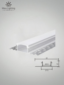 Strip Light: 3 Meter Plaster-In Recessed Aluminum Channel with Milky PC Cover 21mmx13.5mm