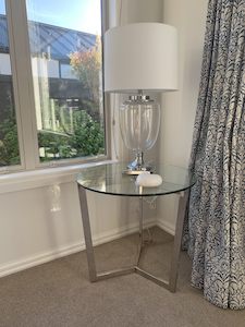 Side Tables: Stainless steel frame side table #423 see through black in stock