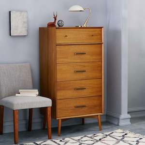 Dressers: Mid-Century  5 drawer Tall boy, 2 color in stock