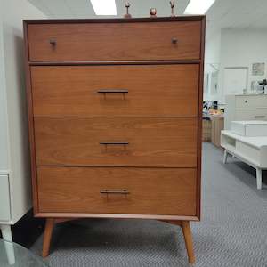 Mid-Century  4 drawers Tall boy,  walnut colors in stock
