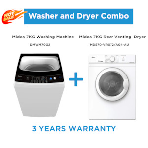 Top Load Washing Machine: Midea 7kg White Laundry Combo - 7KG Top Load Washing Machine + 7kg Vented Drye  | 3 Years Warranty |