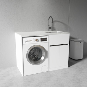 Laundry: 1200mm White Laundry Tub-Plywood Cabinet & Marble Bench with Sink