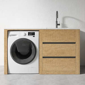 Laundry: 1500mm Light Oak Laundry Tub-Plywood Cabinet & Marble Bench with Sink