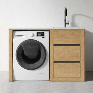 Laundry: 1300mm Light Oak Laundry Tub-Plywood Cabinet & Marble Bench with Sink