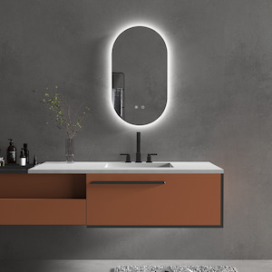 Led Mirror: 450X900MM OVAL BACKLIT LED MIRROR WITH DEMISTER, THREE LIGHT SELECTION LIGHTING FRAMELESS